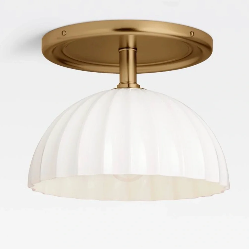 Rejuvenation Enzo Semi-Flush Ceiling Light with Ribbed Glass Shade aged Brass